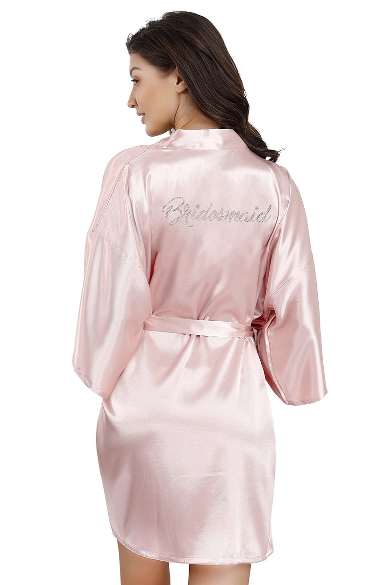 EPLAZA Women's One Size Silver Rhinestones Bride Bridesmaid Short Satin Robes for Wedding Party Getting Ready (Pink, Bridesmaid) - Image 2